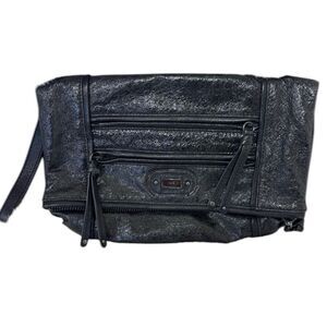 Rafe New York Black Metallic Leather Clutch Wristlet Evening Bag